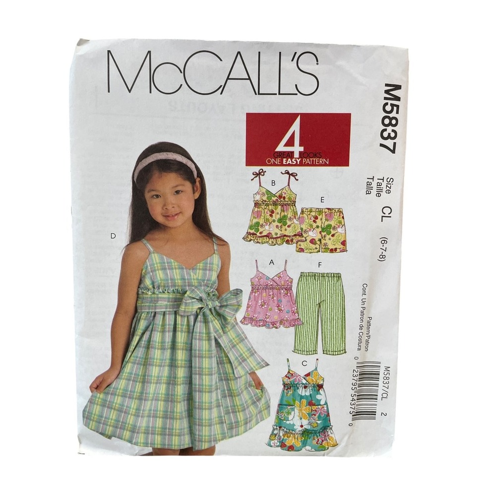 McCALL'S M5837 Girls Tops Dresses Shorts Capri Pants Size 6-7-8